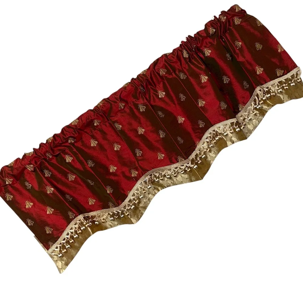 Bumblebee Glory Valance silk window treatment embroidered gold bumblebees red